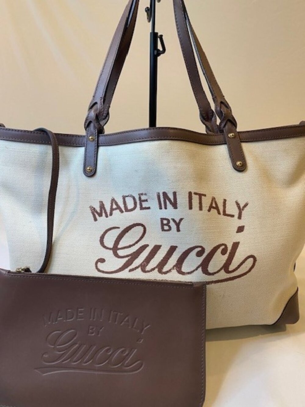 AUTHENTIC Gucci Beige Canvas Tote with Brown Leather Trim & Leather Pouch
